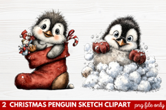 Christmas Penguin Sketch Clipart | Hand-Drawn Holiday Product Image 1