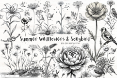 Summer Wildflowers &amp; Songbird Clipart Product Image 1