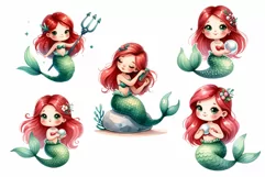 11 Cute Mermaid Cartoon Watercolor Cliparts Product Image 7