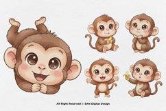 15 Bundle Watercolor Cute Monkey Animal Forest Banana Kids Product Image 7
