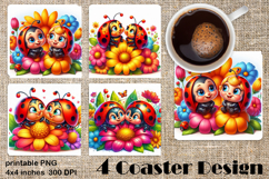 Watercolor Lady Bug Square Coaster PNG. Coaster Sublimation Product Image 1