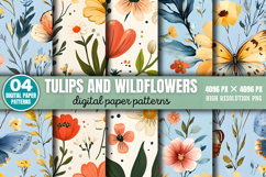 Tulips And Wildflowers Patterns Digital Paper Background PNG Product Image 8