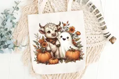 Retro Halloween Ghost And Highland Cow Png, Floral Fall Png. Product Image 7
