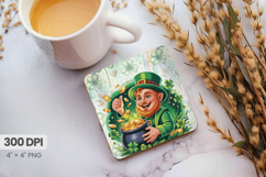 Smiling Leprechaun with Gold Pot Square Coaster PNG Sublimat Product Image 1