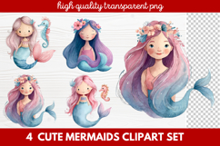 4 Cute Mermaids Clipart Set | Whimsical Mermaid Illustration Product Image 1