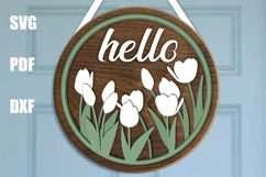 Hello Spring Tulip door sign | Flower door hanger cut file Product Image 1