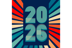 Retro cover background with 2026 numbers in colorful rays Product Image 1