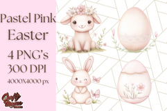 Pastel Pink Easter Bunny Egg and Flowers Clipart PNG Product Image 1