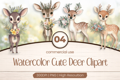 Watercolor Cute Deer Clipart PNG Product Image 1