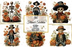 Halloween Vintage Skeleton Clipart, halloween Floral Clipart Product Image 4