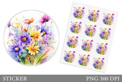 Wildflowers Sticker Template. Flowers Round Sticker Design Product Image 1
