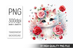 Floral Cat Clipart PNG, Watercolor Animal with Flowers Product Image 1