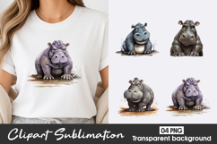 Cute Hippo Watercolor Clipart PNG Product Image 1
