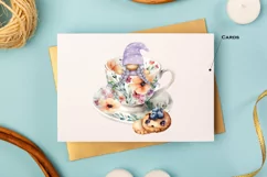 Watercolor gnome in a mug of tea with cookies, Gnome PNG Product Image 7