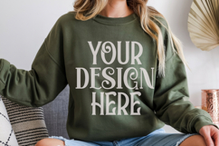 Military Green Gildan 18000 Mockup, Sweatshirt Crewneck Mock Product Image 1