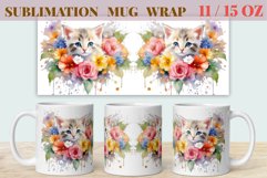 Sublimation Mug Design Watercolor Flowers and Kitten, Png Product Image 1