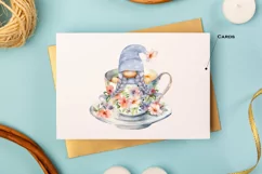 Watercolor gnome in a mug of tea with cookies, Gnome PNG Product Image 7