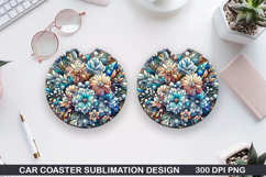 Flower Car Coaster Sublimation| Winter Flowers Coaster PNG Product Image 1