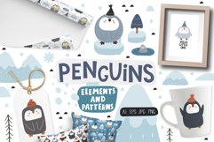 Cartoon penguins and seamless patterns. Vector collection Product Image 1