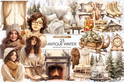 Antique Cozy Winter Clipart Bundle, Set of 23 Png Bundle Product Image 1