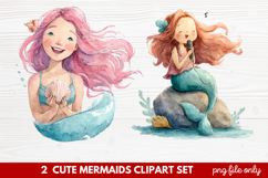 2 Cute Mermaids Clipart Set | Whimsical Mermaid Illustration Product Image 1