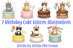 7 Birthday Cake Kitten Cat Illustrations Cute Clipart PNG