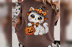 Bling Halloween Witch Cat PNG, Rhinestone Pumpkin Kitty Product Image 3