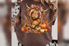 Fall Highland Cow PNG, Plaid Bow Pumpkin Cow, Autumn Floral Product Image 3