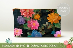 Cute Flowers Cosmetic Bag Print, Black Cosmetic Bag Design Product Image 1