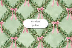 Watercolor Pine Garland Pattern with Pink Ribbon Bows Product Image 1