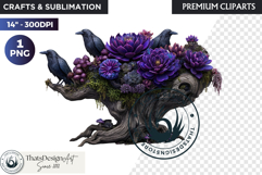 Floral Ravens Fantasy clipart, Gothic Botanical Bird Graphic Product Image 1