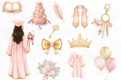 30 Watercolor Pink &amp; Gold Graduation Clipart Bundle | PNG Product Image 2