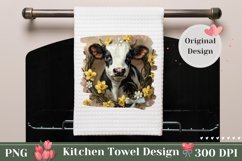 Cow Kitchen Towel Sublimation PNG, Floral Dish Towel PNG Product Image 1