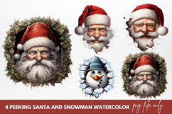 Watercolor Peeking Santa and Snowman Clipart Product Image 1