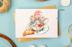 Watercolor gnome in a mug of tea with cookies, Gnome PNG Product Image 7