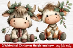 2 Whimsical Christmas Highland Cow Clipart | Cute Festive Product Image 1