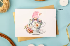 Watercolor gnome in a mug of tea with cookies, Gnome PNG Product Image 7