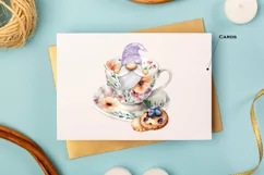 Watercolor gnome in a mug of tea with cookies, Gnome PNG Product Image 7