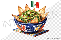 Fresh guacamole and tortilla chips bowl PNG Watercolor art Product Image 1