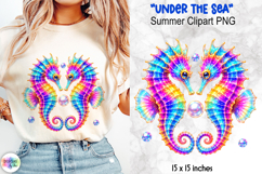 Holographic Summer Clipart, Rainbow Seahorse Pair PNG Product Image 1