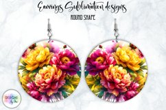 Peony Earrings Sublimation | Round Earrings PNG | Flowers Product Image 1