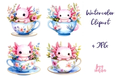 Kawaii Pink Axolotl in a Floral Teacup Clipart JPG Product Image 1