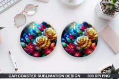 Roses Car Coaster Sublimation| Christmas Coaster PNG Design Product Image 1
