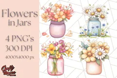 Flowers in Glass Jars PNG, Rustic Floral Watercolor Clipart Product Image 1