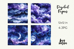 Moon &amp; Night Sky Digital Paper Watercolor Seamless Pattern Product Image 2
