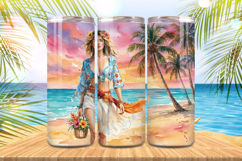 Cute girl walk in beach with flower basket Tumbler Wrap PNG Product Image 1