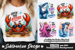 Funny Sea Animal Sublimation Crab Shark Dolphin Attitude PNG Product Image 1