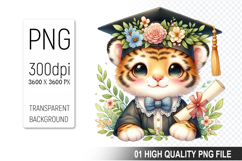 Tiger Clipart PNG, Watercolor Graduation Animals Clipart Product Image 1