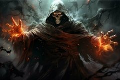 Dark sorcerer conjuring fire magic in enchanted forest Product Image 1