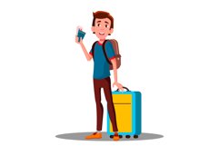 Young Cool Happy Guy At Airport With Suitcase, Passport Product Image 1